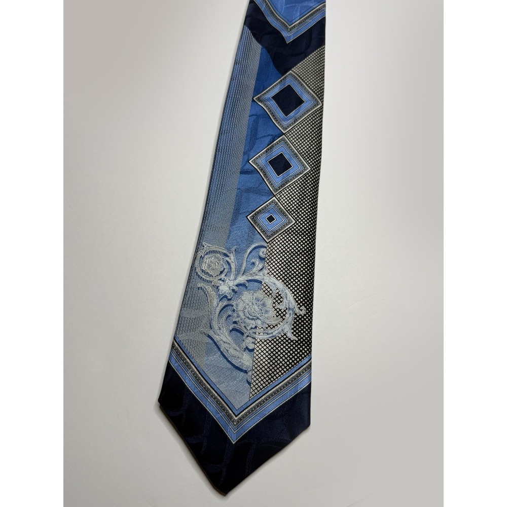 Murano Italia Blue Silk Necktie Geometric Floral Italian Style Classic Mens Tie